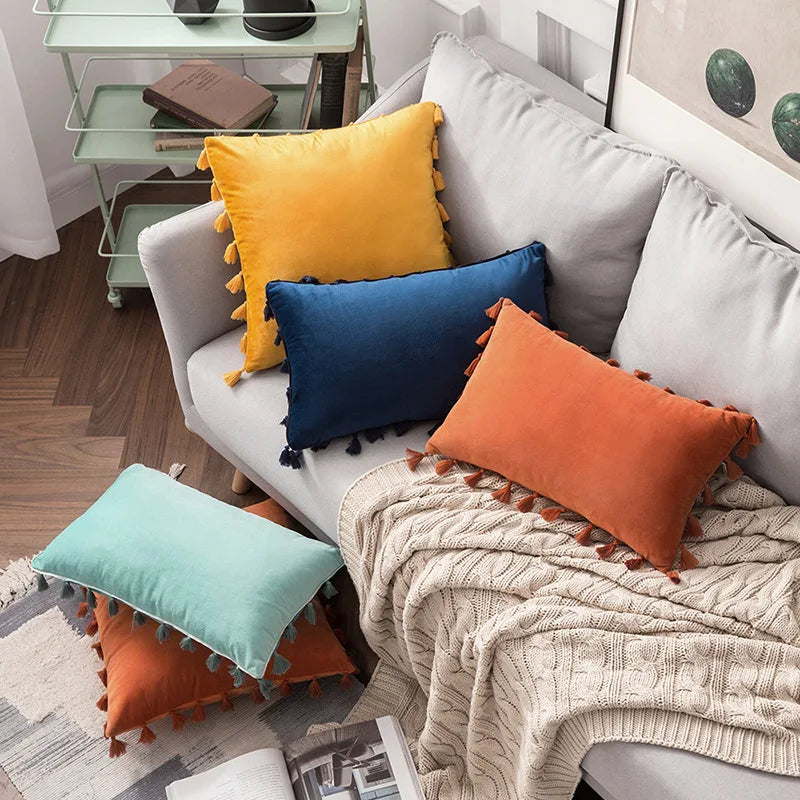DecorBites™ Fringed Tassel Velvet Pillowcase 50x50cm/30x50cm in Popular Light Colors