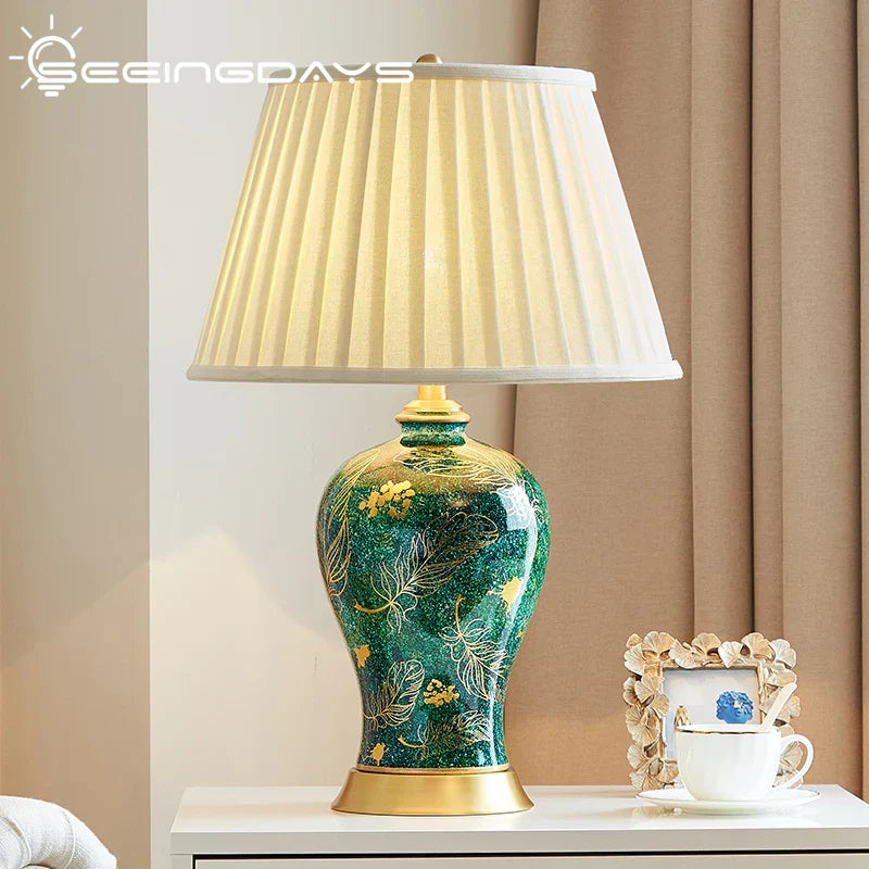 DecorBites™ Golden Leaf Green Ceramic Table Lamp - Luxury New Chinese Style for Living Room