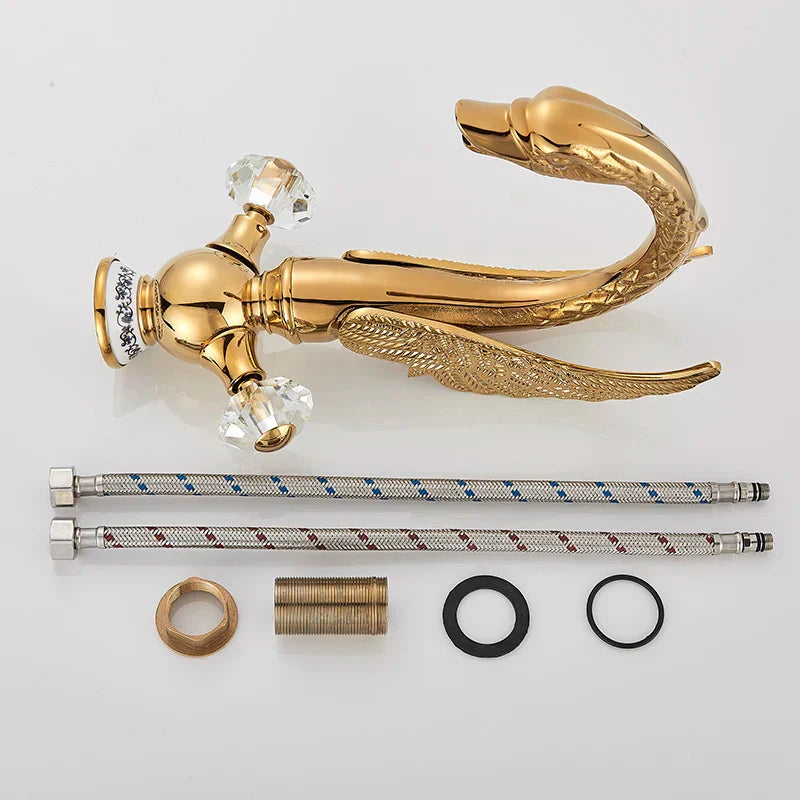 DecorBites™ Gold Brass Black Swan حوض حمام صنبور خلاط فردي فاخر مثبت على السطح