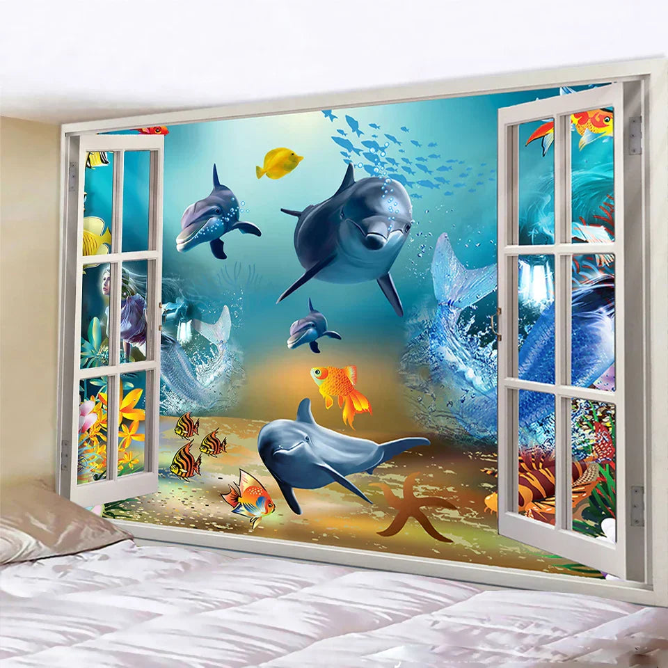 DecorBites™ Dolphin Psychedelic Tapestry: Bohemian Underwater Wall Hanging for Home Decoration