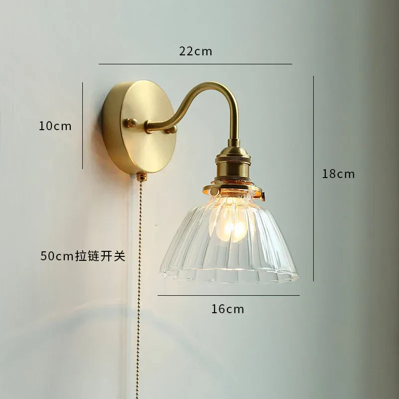 DecorBites™ Glass LED Bathroom Mirror Light Pull Chain Copper Wall Sconce