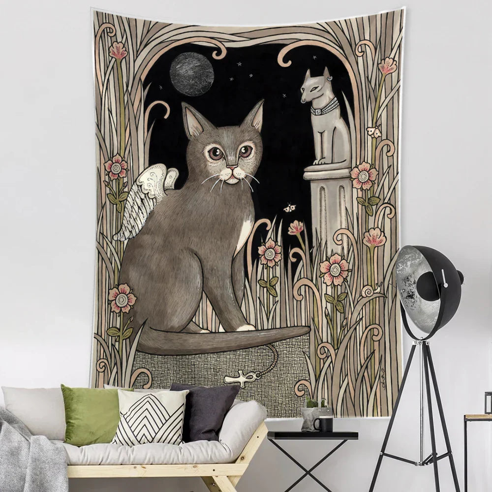 DecorBites™ Black Cat Tarot Tapestry: Psychedelic Hippie Wall Hanging Room Decor