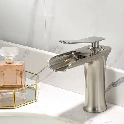DecorBites™ Gold Waterfall Bathroom Basin Faucet, White Mixer Tap Hot Cold Sink Plugin