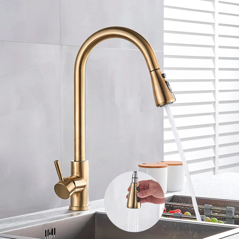 DecorBites™ صنبور مطبخ نحاسي ذهبي قابل للدوران، خلاط بمقبض واحد للمياه الساخنة والباردة