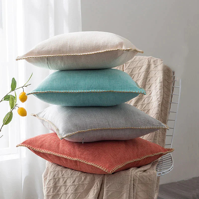 DecorBites™ Linen Fringe Cushion Cover: Blue Grey Yellow Red Green for Sofa Bed