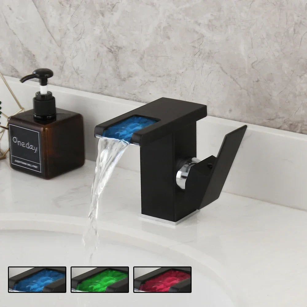 DecorBites™ LED Waterfall Basin Faucet White & Black Mixer Tap Deck Mount Solid Brass