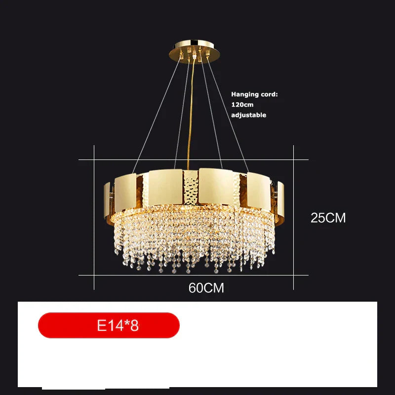 DecorBites™ ثريا متدلية ذهبية كريستالية من الفولاذ المقاوم للصدأ لردهة أنيقة