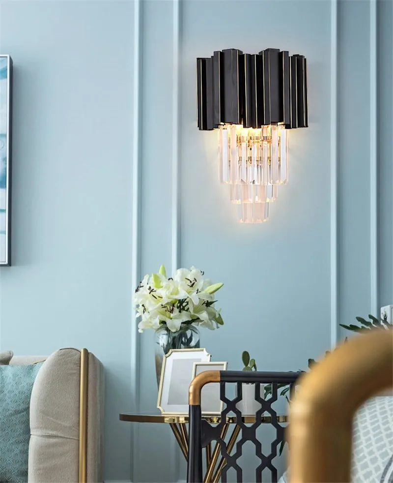 أبليك حائط كريستال ذهبي أسود من DecorBites™، مصباح حائط عصري بظلال من كريستال K9