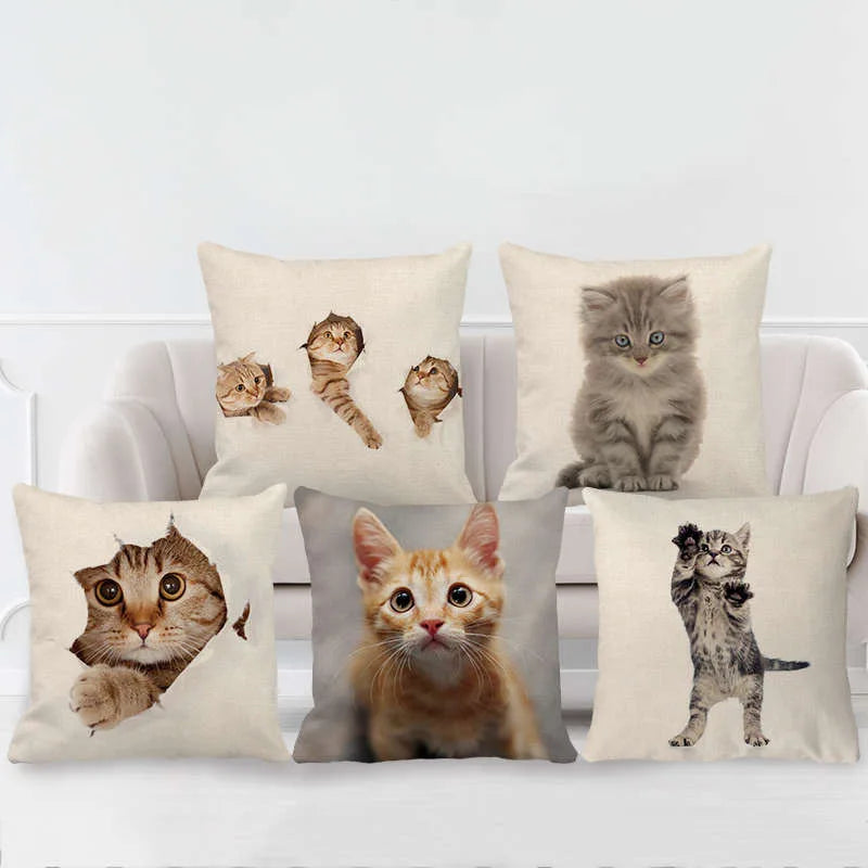 DecorBites™ غطاء وسادة مزخرف بتصميم وجه قطة لطيفة من الكتان الناعم لأريكة المنزل