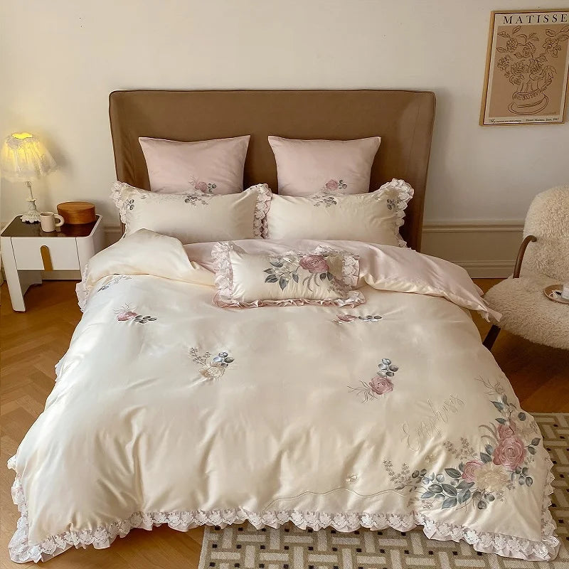 DecorBites™ French Princess 1000TC Cotton Bedding Set with Flowers Embroidery and Ruffles