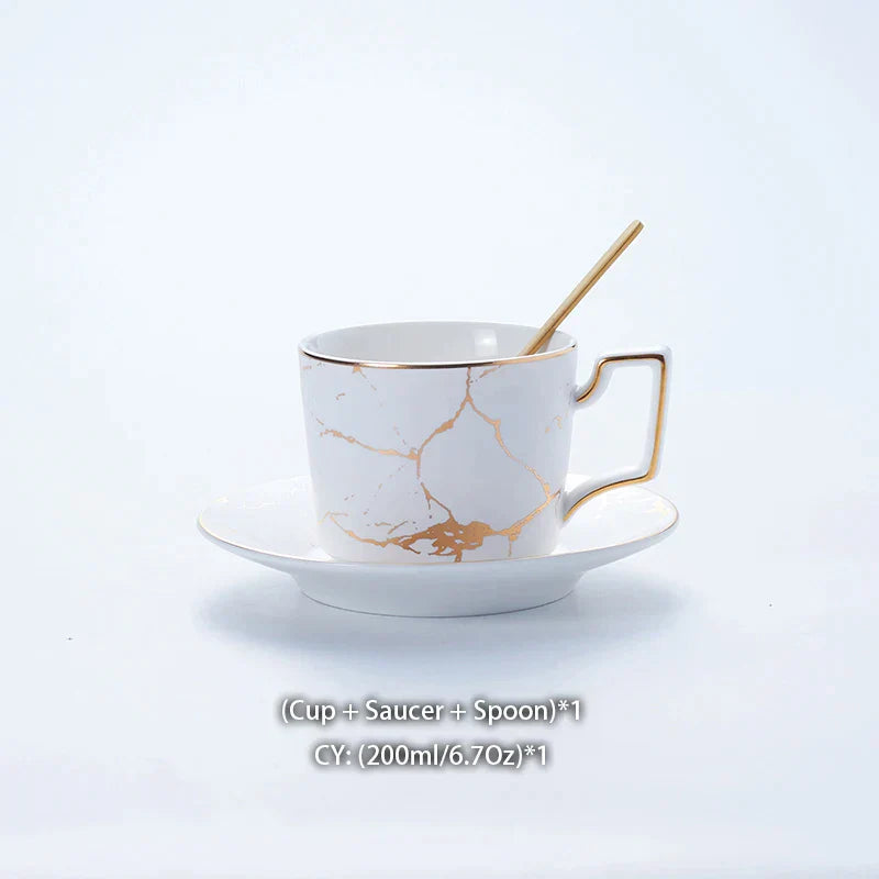 DecorBites™ 200ml Marble Ceramic Tea Set with Spoon and Saucer