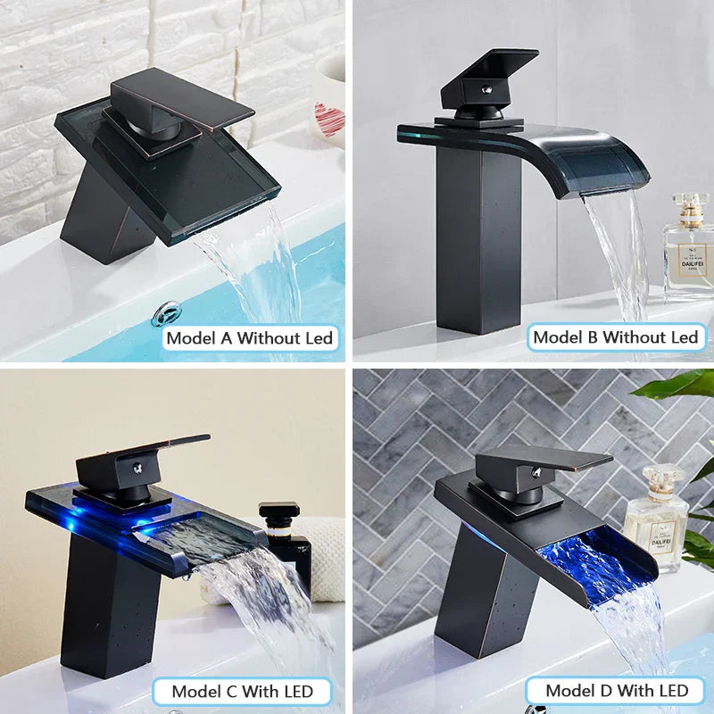 DecorBites™ LED Waterfall Bathroom Sink Faucet Black Bronze Single Handle Deck Mount