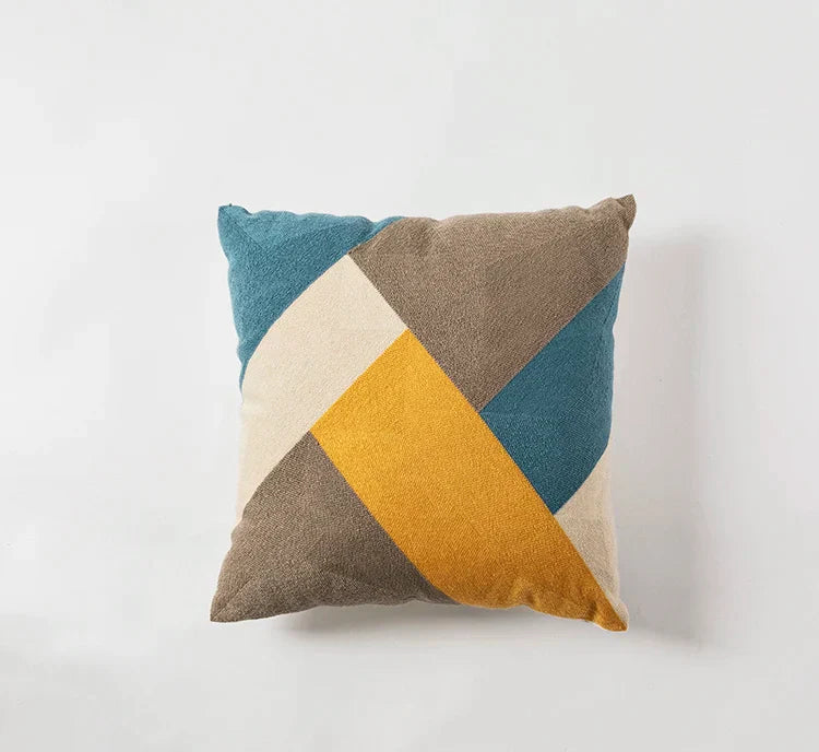 DecorBites™ Geometric Embroidery Cushion Cover Set - Blue Coffee Yellow Grey Abstract Square