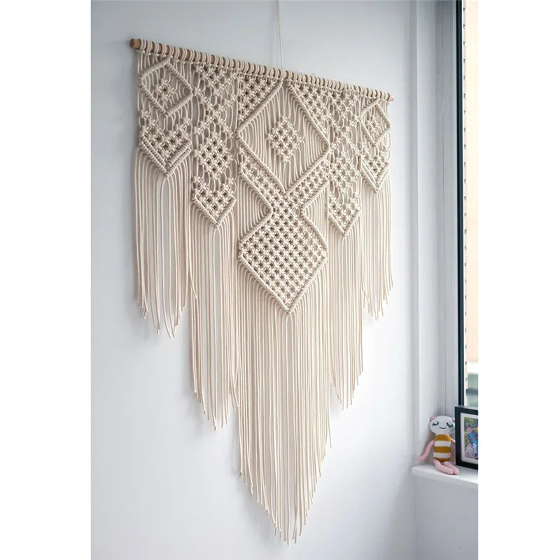 Tapisserie macramé grand format tissée à la main DecorBites™ avec pompons