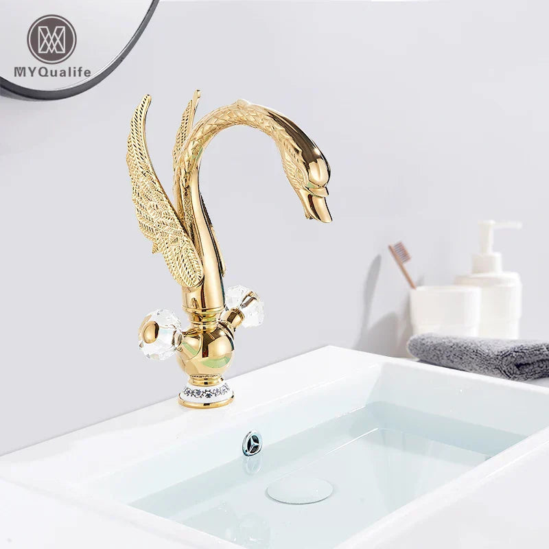 DecorBites™ Gold Brass Black Swan حوض حمام صنبور خلاط فردي فاخر مثبت على السطح
