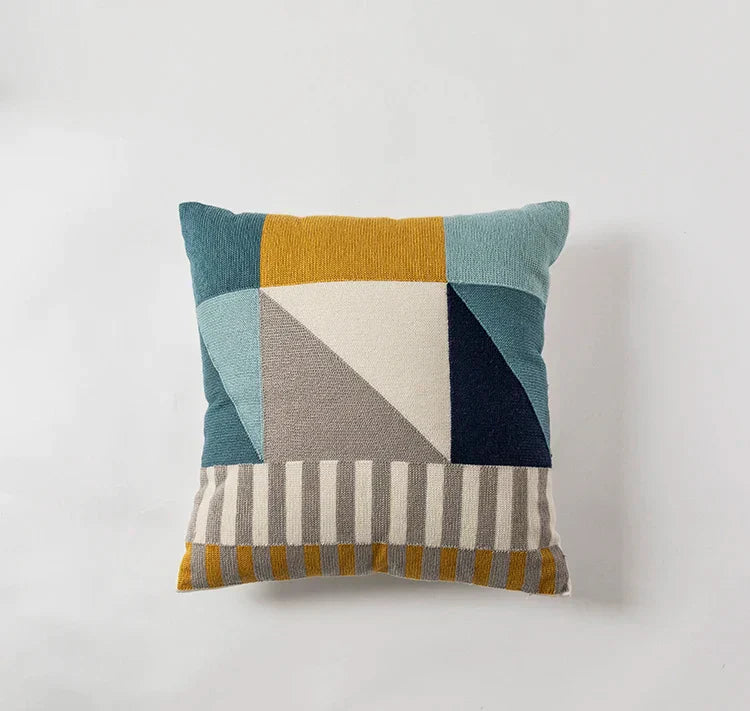 DecorBites™ Geometric Embroidery Cushion Cover Set - Blue Coffee Yellow Grey Abstract Square