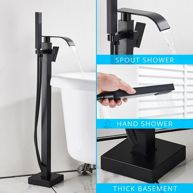 DecorBites™ Black Floor Mounted Bathtub Faucet Set with Waterfall Mixer Tap
