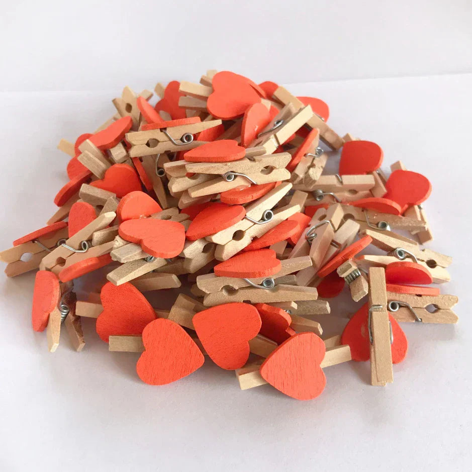 DecorBites™ 50-Pack Romantic Heart Shape Wood Clips for Home Décor and Parties