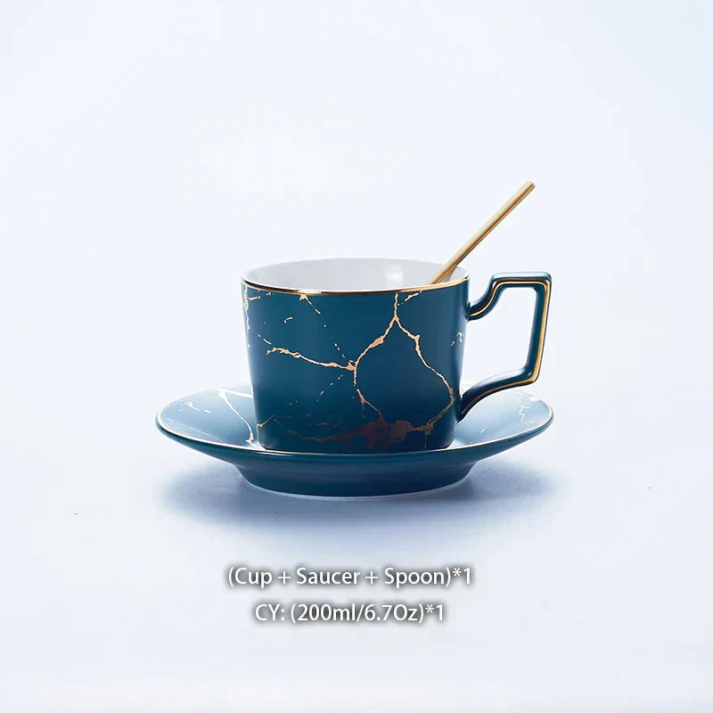 DecorBites™ 200ml Marble Ceramic Tea Set with Spoon and Saucer