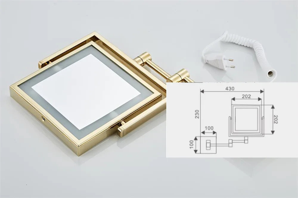 مرآة مكياج DecorBites™ الذهبية LED مثبتة على الحائط قابلة للطي مربعة الشكل للتجميل بتكبير 3X/1X
