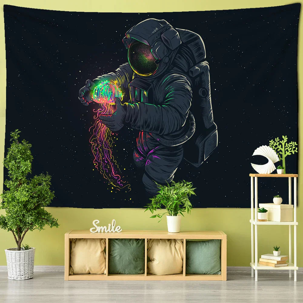 DecorBites™ Jellyfish Interstellar Sky Tapestry Wall Hanging: تصميم رائد فضاء لديكور السكن الجامعي البوهيمي
