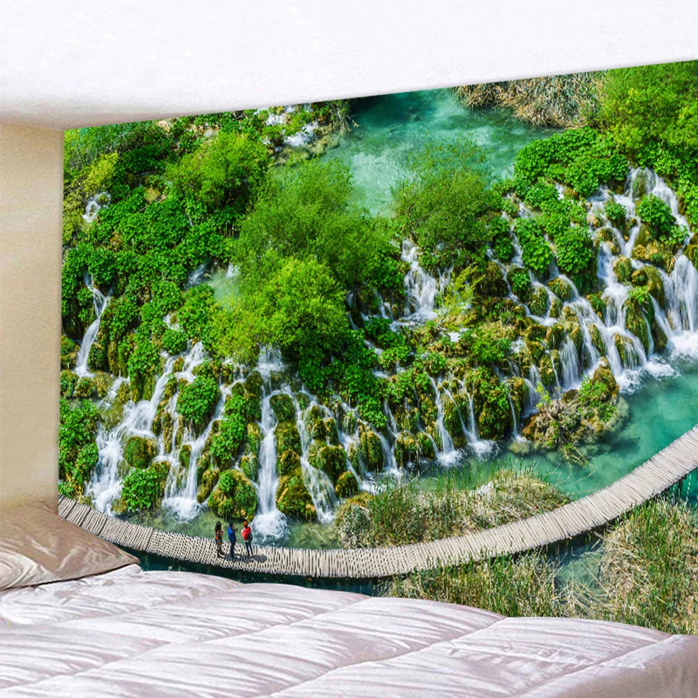 DecorBites™ Forest Waterfall Art Tapestry: Boho Hippie Decor Yoga Mat Sofa Blanket