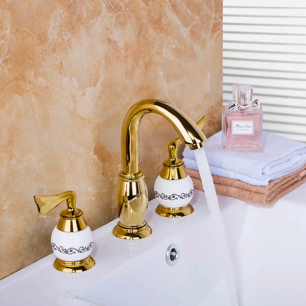 DecorBites™ Golden Plated Bathroom Faucet Set with Ceramic Cross Handles