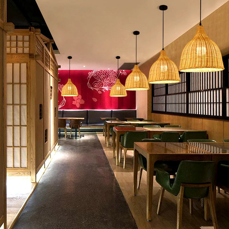 Handwoven Rattan Bamboo Pendant Light in Black