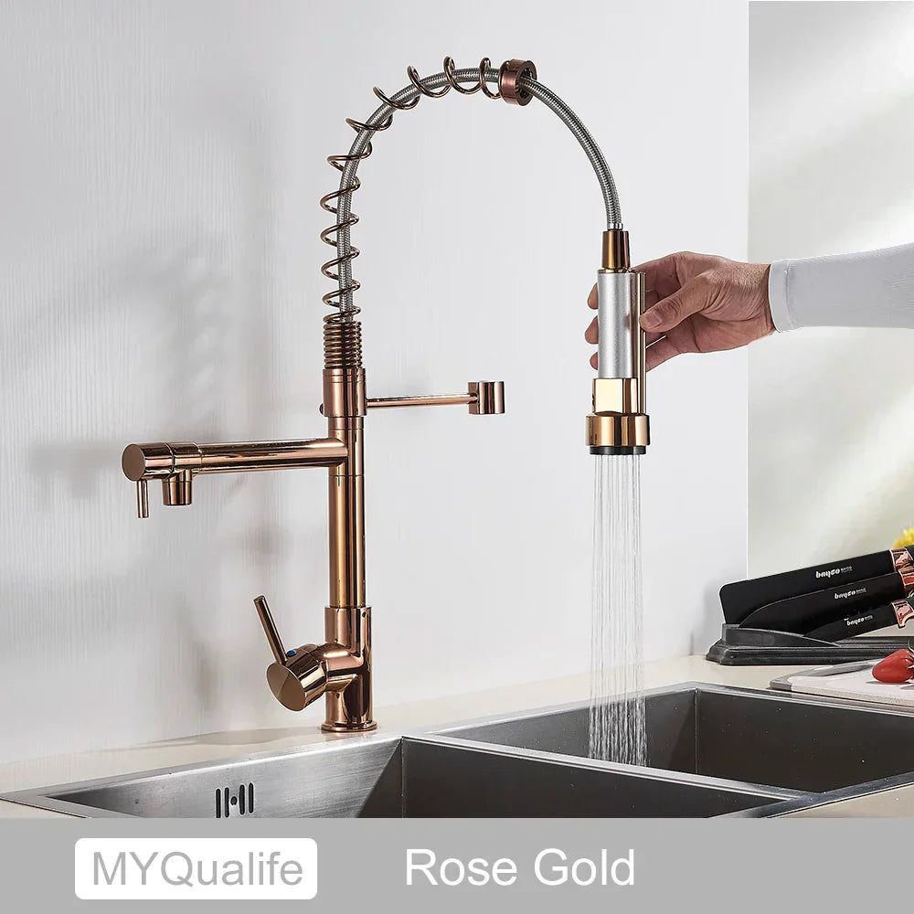 DecorBites™ Black Brass Kitchen Faucet with Dual Spout, 360 Rotation, Deck Mounted