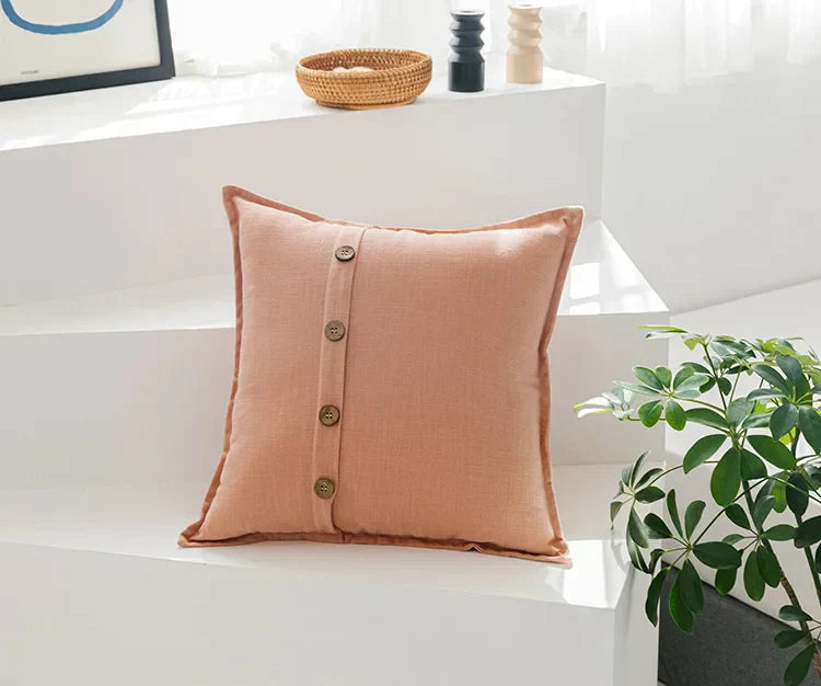 DecorBites™ غطاء وسادة من القطن والكتان 45×45 سم باللون الوردي والأزرق والأخضر والبيج مع أزرار جوز الهند لتزيين المنزل