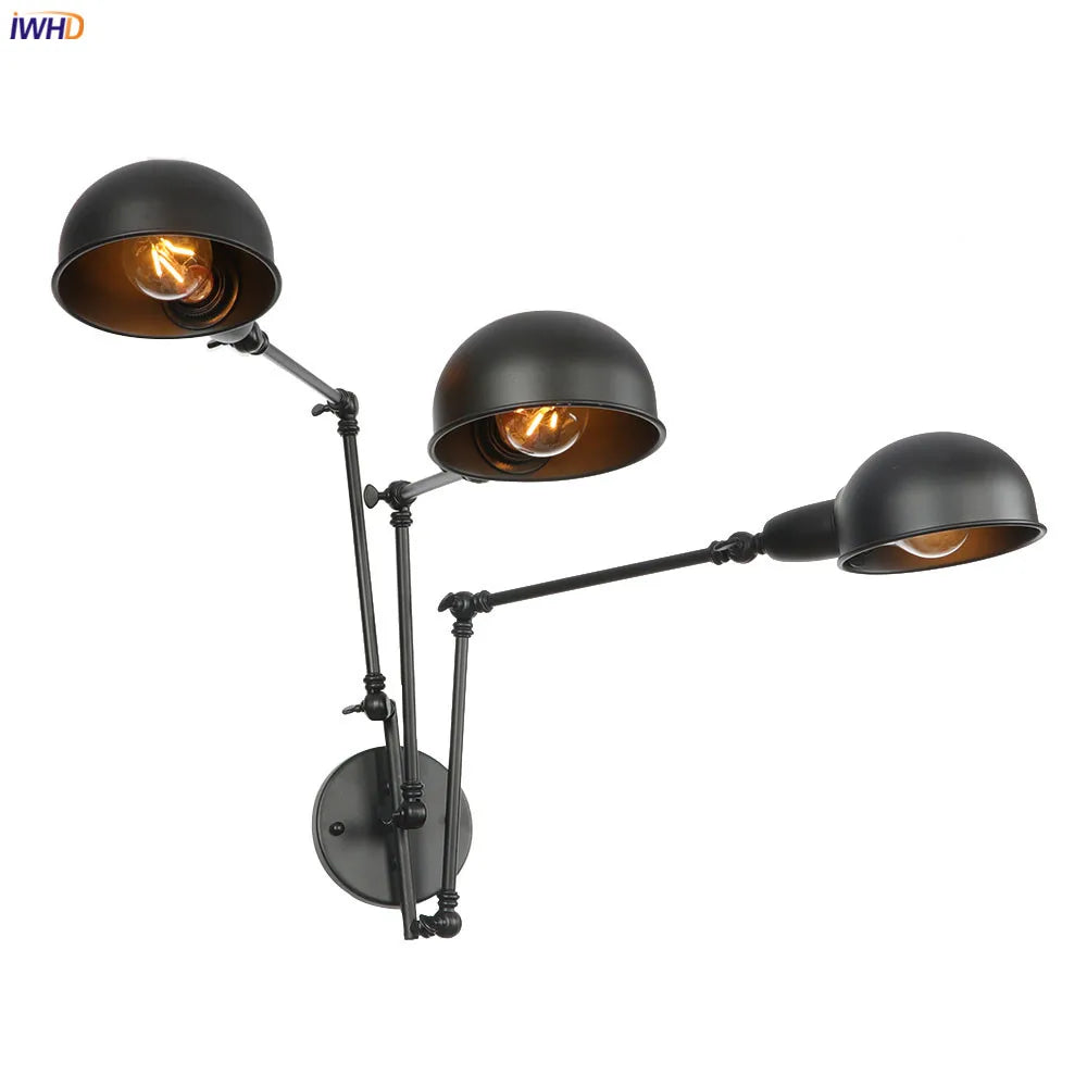 DecorBites™ مصباح جداري كلاسيكي من أديسون طراز Loft بذراع متأرجح - 3 رؤوس باللون الأسود
