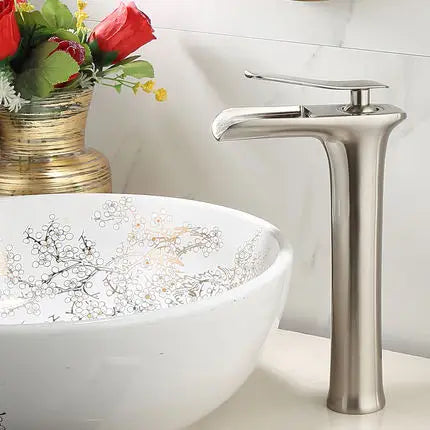 DecorBites™ Gold Waterfall Bathroom Basin Faucet, White Mixer Tap Hot Cold Sink Plugin