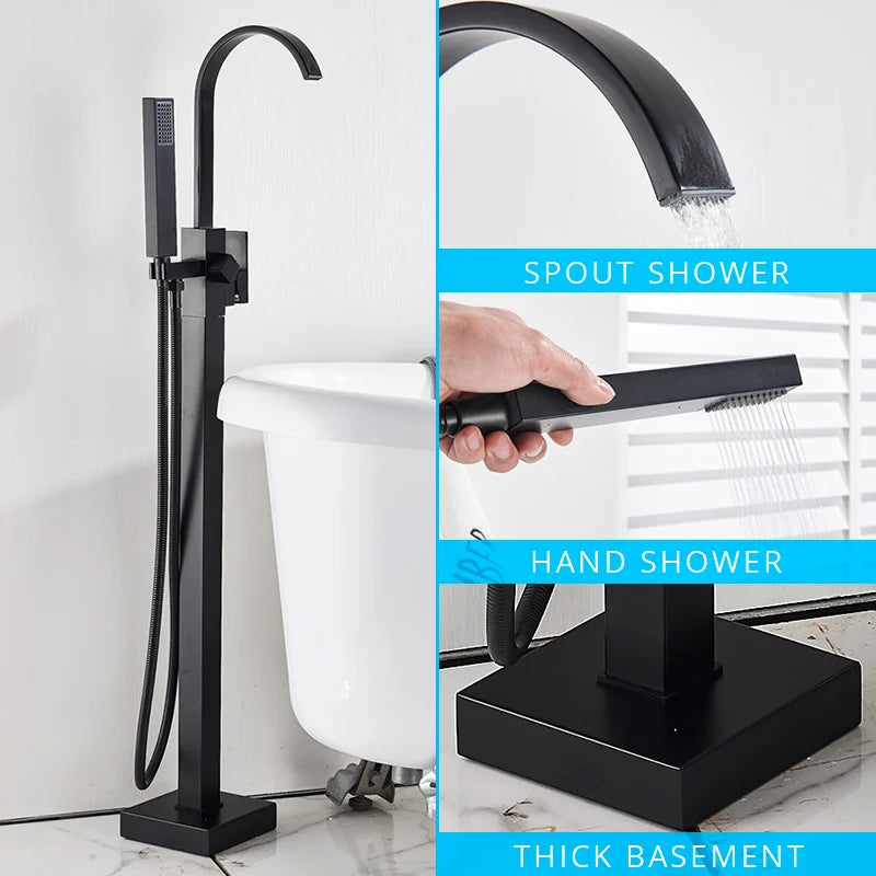 DecorBites™ Black Floor Mounted Bathtub Faucet Set with Waterfall Mixer Tap