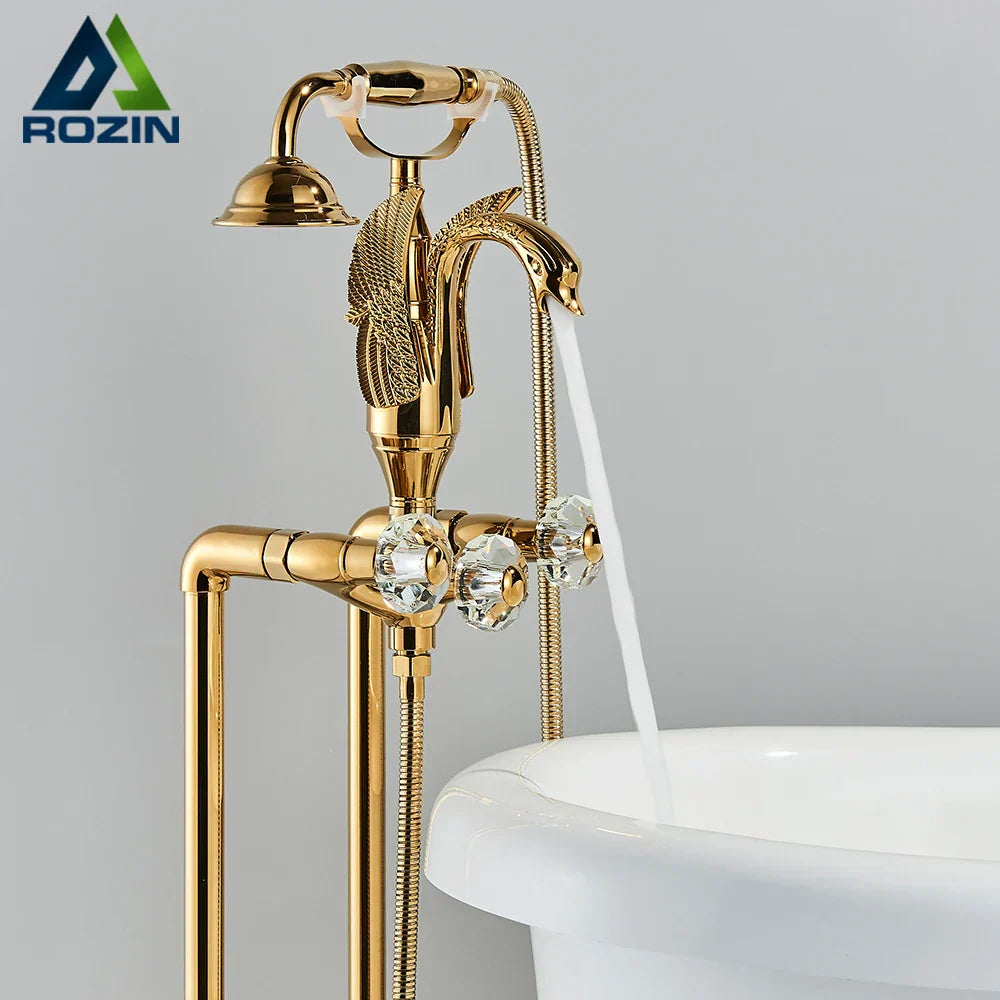 DecorBites™ Golden Bird Freestanding Bathtub Faucet with Dual Crystal Handles