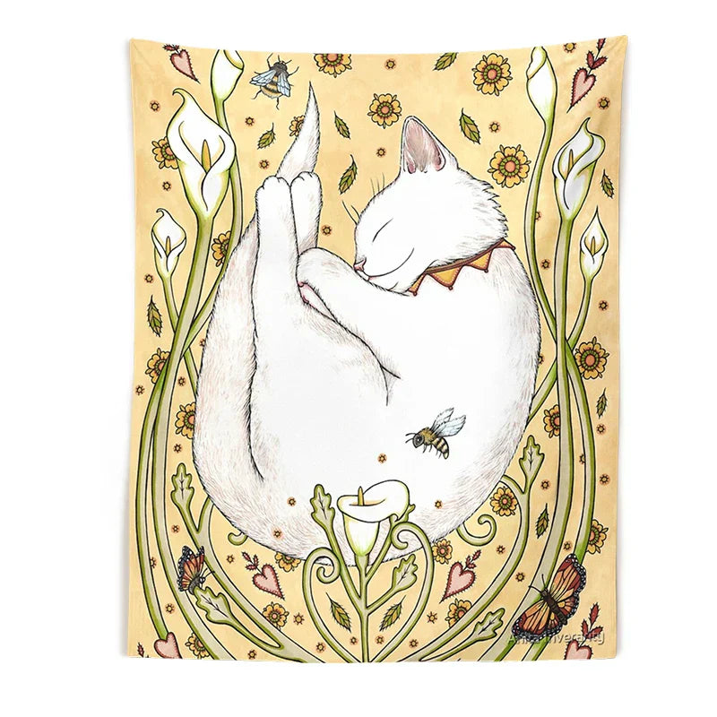 DecorBites™ Cute Cat Botanical Flower Ins Style Cartoon Wall Art Tapestries for Home Decor