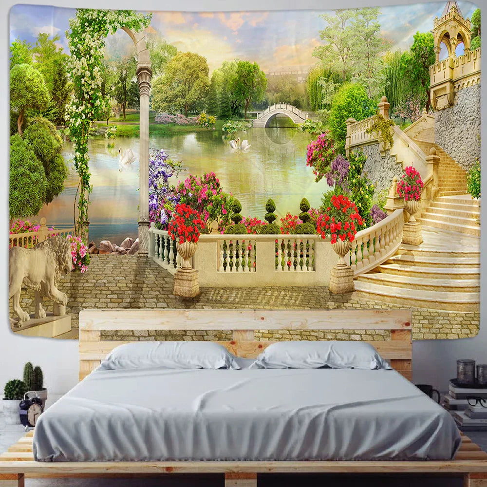 DecorBites™ Green Plant Landscape Tapestry | Boho Wall Hanging for City Castle Hill