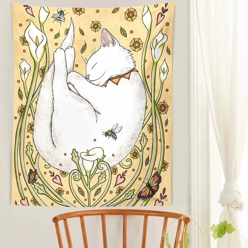 DecorBites™ Cute Cat Botanical Flower Ins Style Cartoon Wall Art Tapestries for Home Decor