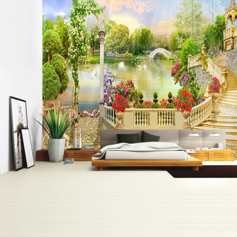 DecorBites™ Green Plant Landscape Tapestry | Boho Wall Hanging for City Castle Hill