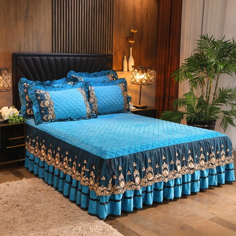 DecorBites™ Crystal Velvet Bedspread Set with Super Soft Quilting & Lace Bedskirt