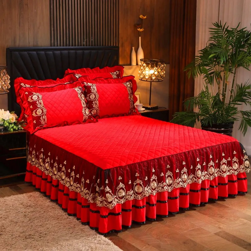 DecorBites™ Crystal Velvet Bedspread Set with Super Soft Quilting & Lace Bedskirt