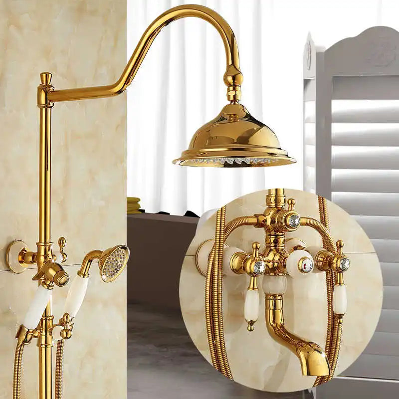 طقم دش حمام DecorBites™ نحاسي ذهبي جاد، صنبور دش مطري يدوي يثبت على الحائط
