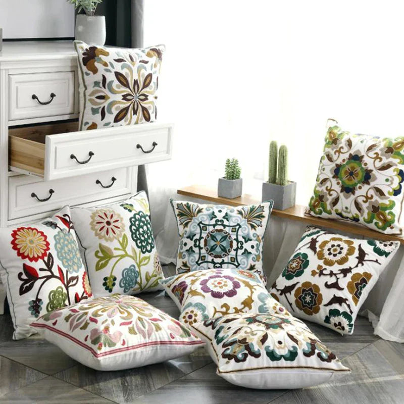 DecorBites™ Ethnic Style Canvas Embroidery Pillow Cover 45x45cm