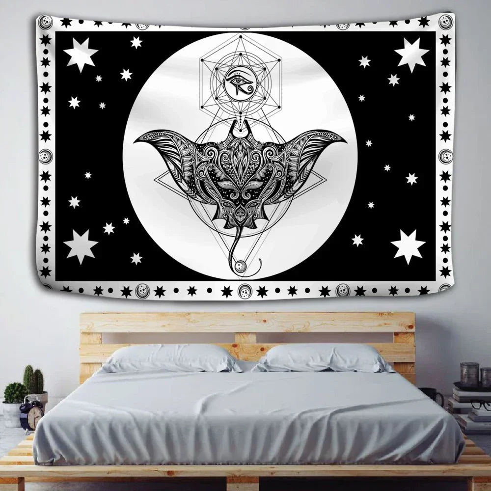 DecorBites™ Black & White Tarot Witchcraft Tapestry | Bohemian Hippie Mandala Wall Decor