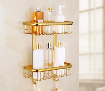 DecorBites™ رف حمام نحاسي ذهبي مع علاقة مناشف، حامل شامبو، وسلة