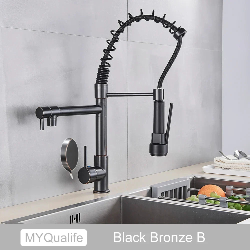 DecorBites™ Black Brass Kitchen Faucet with Dual Spout, 360 Rotation, Deck Mounted