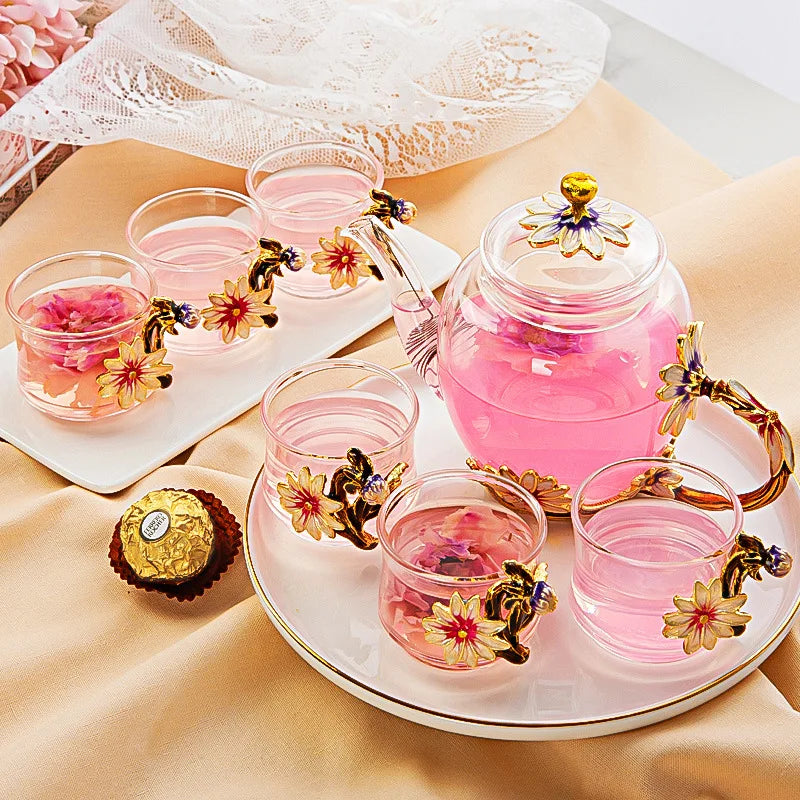 طقم إبريق شاي DecorBites™ Daisy زجاجي مطلي بالمينا والكريستال للمشروبات الساخنة والباردة