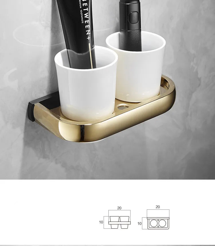 DecorBites™ Gold & Black Bathroom Hardware Set: Shelf, Towel Rack, Paper Holder, Brush Holder