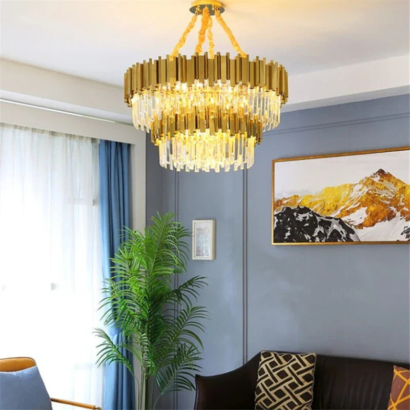 ثريا كريستال K9 ذهبية من الفولاذ المقاوم للصدأ من DecorBites™ لإضاءة غرفة الطعام الأنيقة