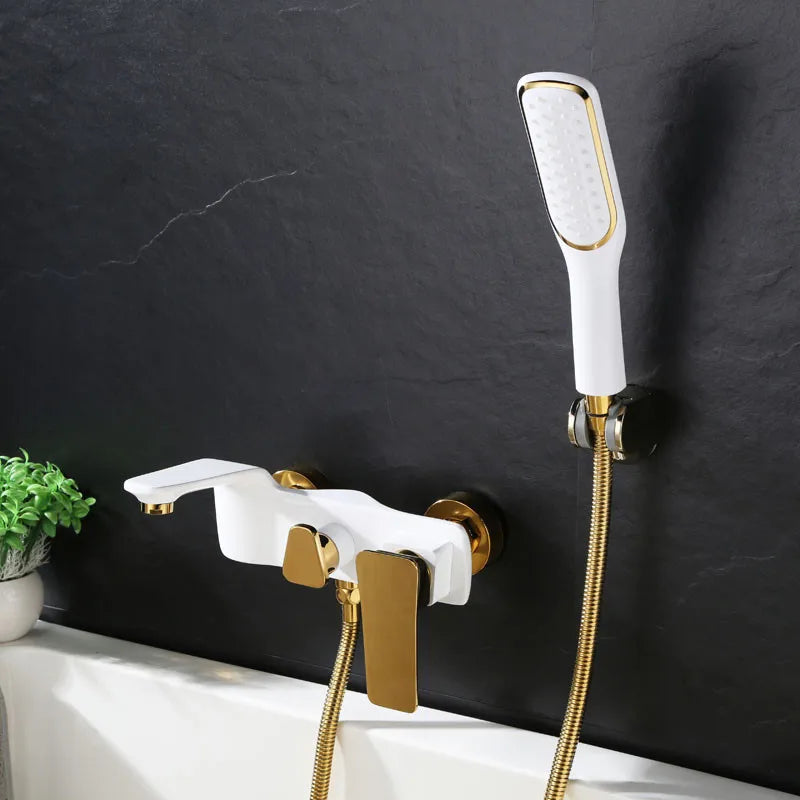 DecorBites™ Gold & White Wall Mounted Bathtub Faucet, Brass Bath Shower Mixer