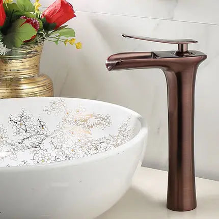DecorBites™ Gold Waterfall Bathroom Basin Faucet, White Mixer Tap Hot Cold Sink Plugin